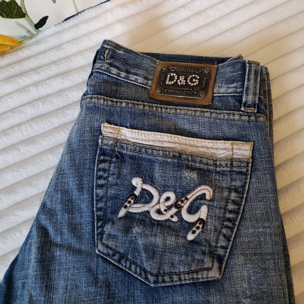 Dolce & Gabbana D&G Lightly Distressed Flared Jeans w/ Small Rhinestone Accents